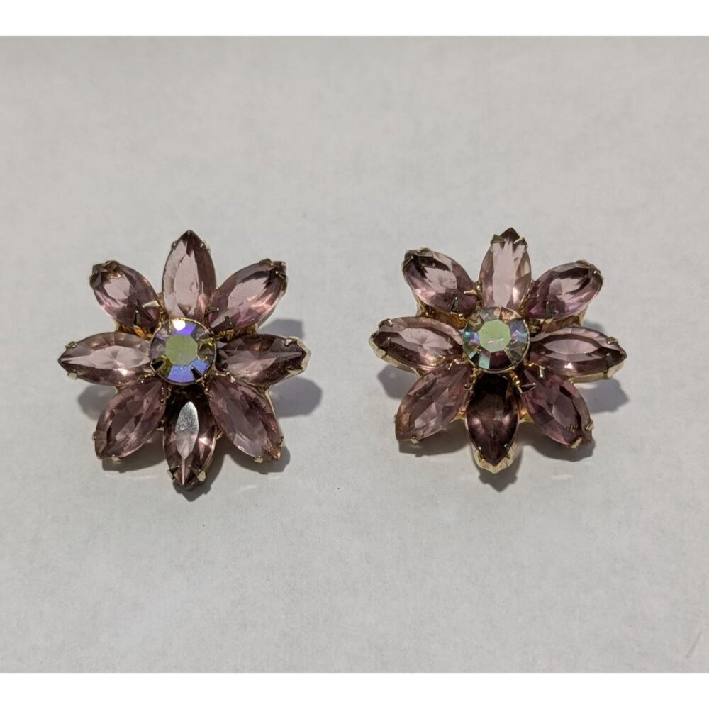 Vintage Flower Clip-On Earrings Purple Rhinestones Aurora Borealis Center - Picture 4 of 13